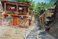 Shaima umer, Kalash House in Street Valley Chitral, 14 x 21 Inch, Water Color on Paper, Cityscape Painting, AC-SHA-031